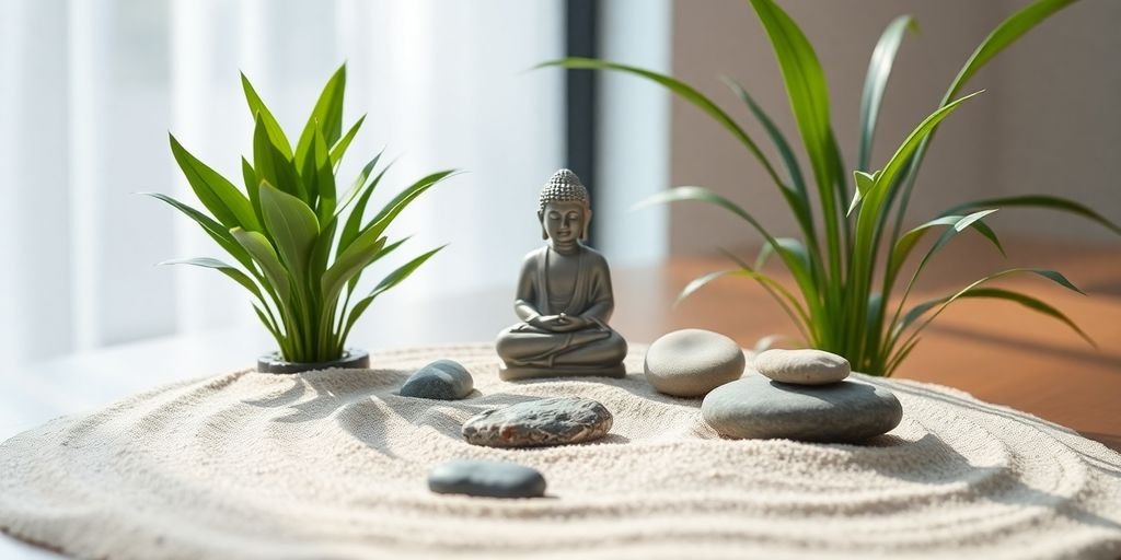 jardín zen con plantas de oficina