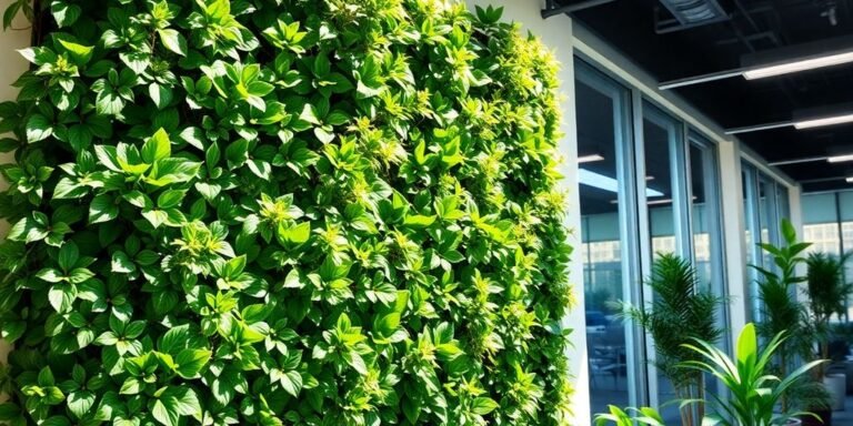 Jardín vertical interior vibrante en oficina moderna.