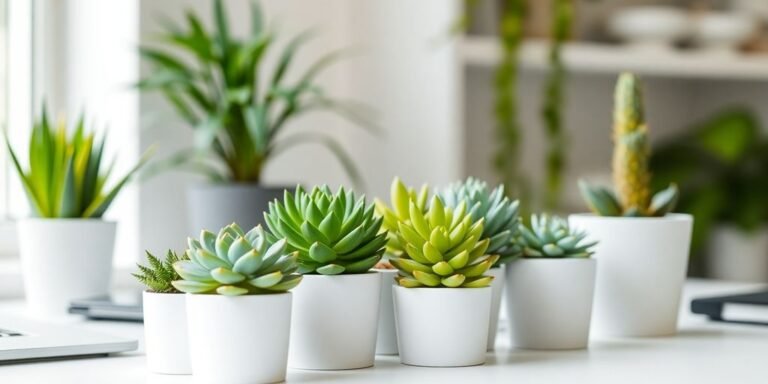 Suculentas en macetas blancas sobre escritorio moderno.