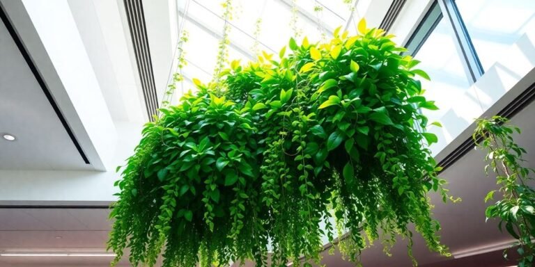 Plantas colgantes verdes en una oficina moderna.
