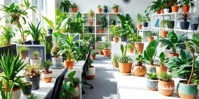 Oficina moderna con plantas en macetas decorativas.