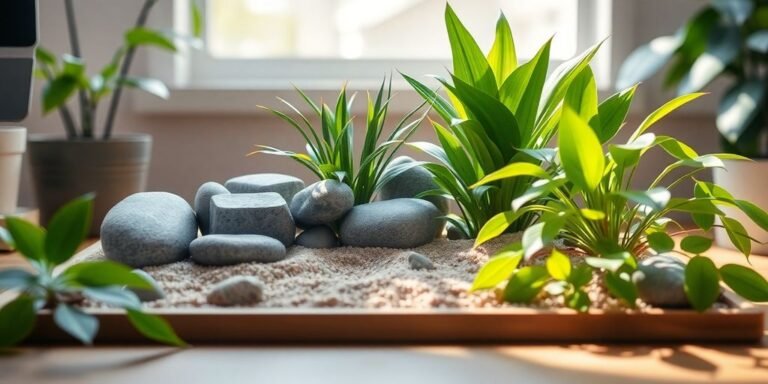 Jardín zen con plantas verdes y rocas en mesa.