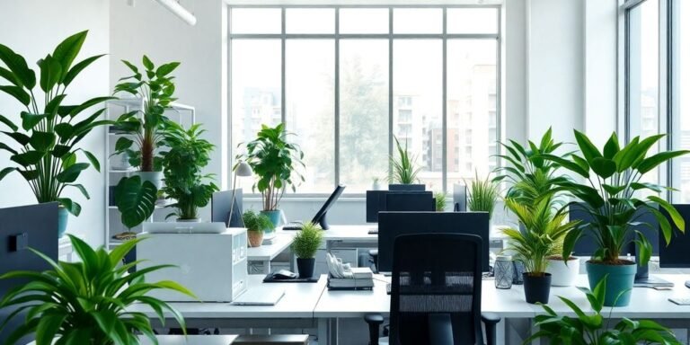 Plantas verdes decoran un escritorio moderno y luminoso.
