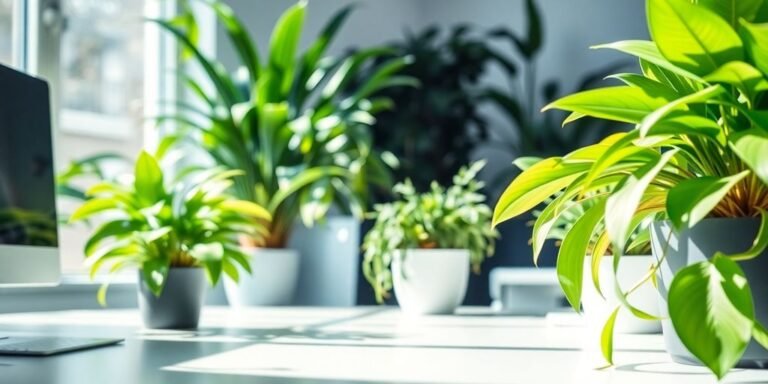 Plantas de interior verdes y vibrantes en un escritorio de oficina.