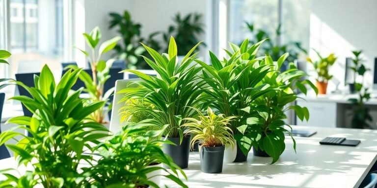 Escritorio compartido con plantas verdes vibrantes.