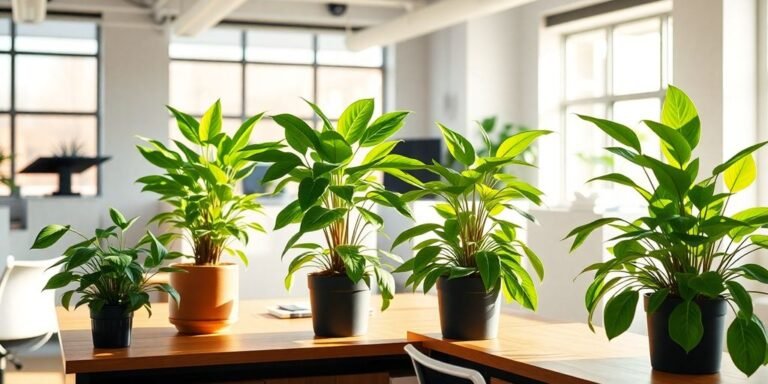 Oficina moderna con plantas verdes vibrantes sobre escritorios.