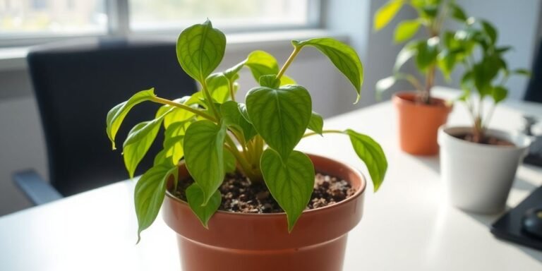 Planta de interior marchita en un escritorio de oficina.
