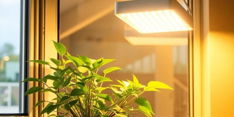 Planta de interior creciendo bajo luz artificial brillante.