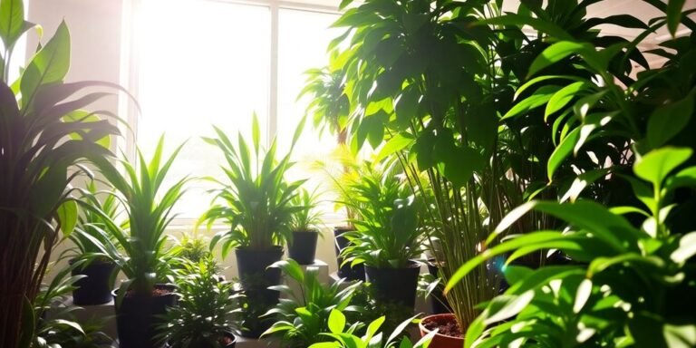 Plantas de interior luminosas junto a ventana soleada.