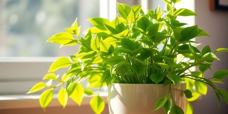 Planta interior verde vibrante en maceta de cerámica.