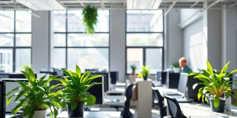 Plantas verdes en una oficina luminosa.