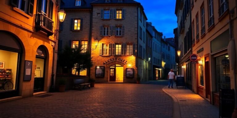 Edificio antiguo con luces cálidas, calle adoquinada.