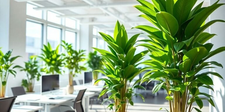 Plantas verdes en una oficina moderna y luminosa.