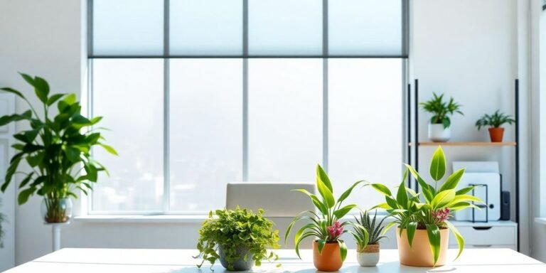 Plantas verdes en escritorio de oficina moderno.